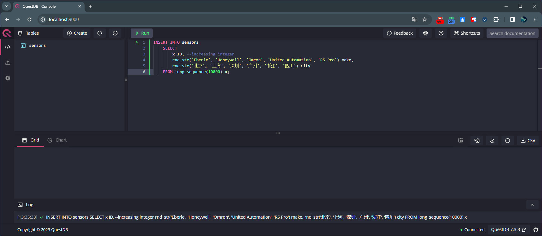 向表sensors中添加10000条数据