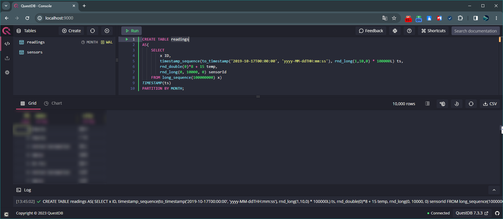 创建表readings,并向该表添加100000000条数据