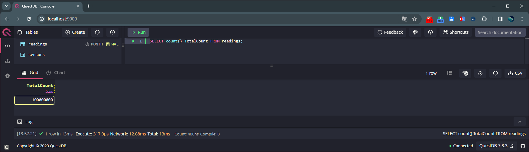 查询表readings数据总条数